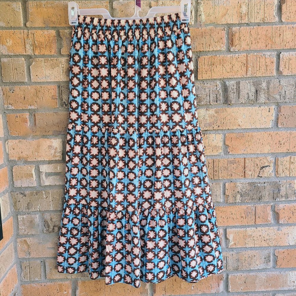 LOFT Womens Maxi Peasant Tiered Skirt Elastic Waist Blue Brown Rust Size S